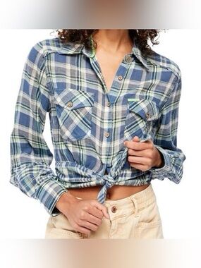 Free People Chambray Combo Plaid Shirt Cropped First Bloom XS Blue Western